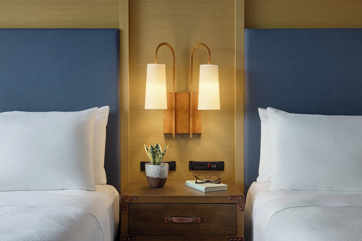 Habitación de hotel con dos camas, una mesita de noche con una lámpara, una planta pequeña y un libro.