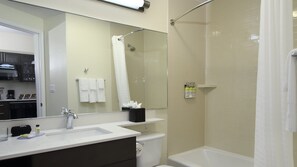 Hair dryer, towels, soap, shampoo