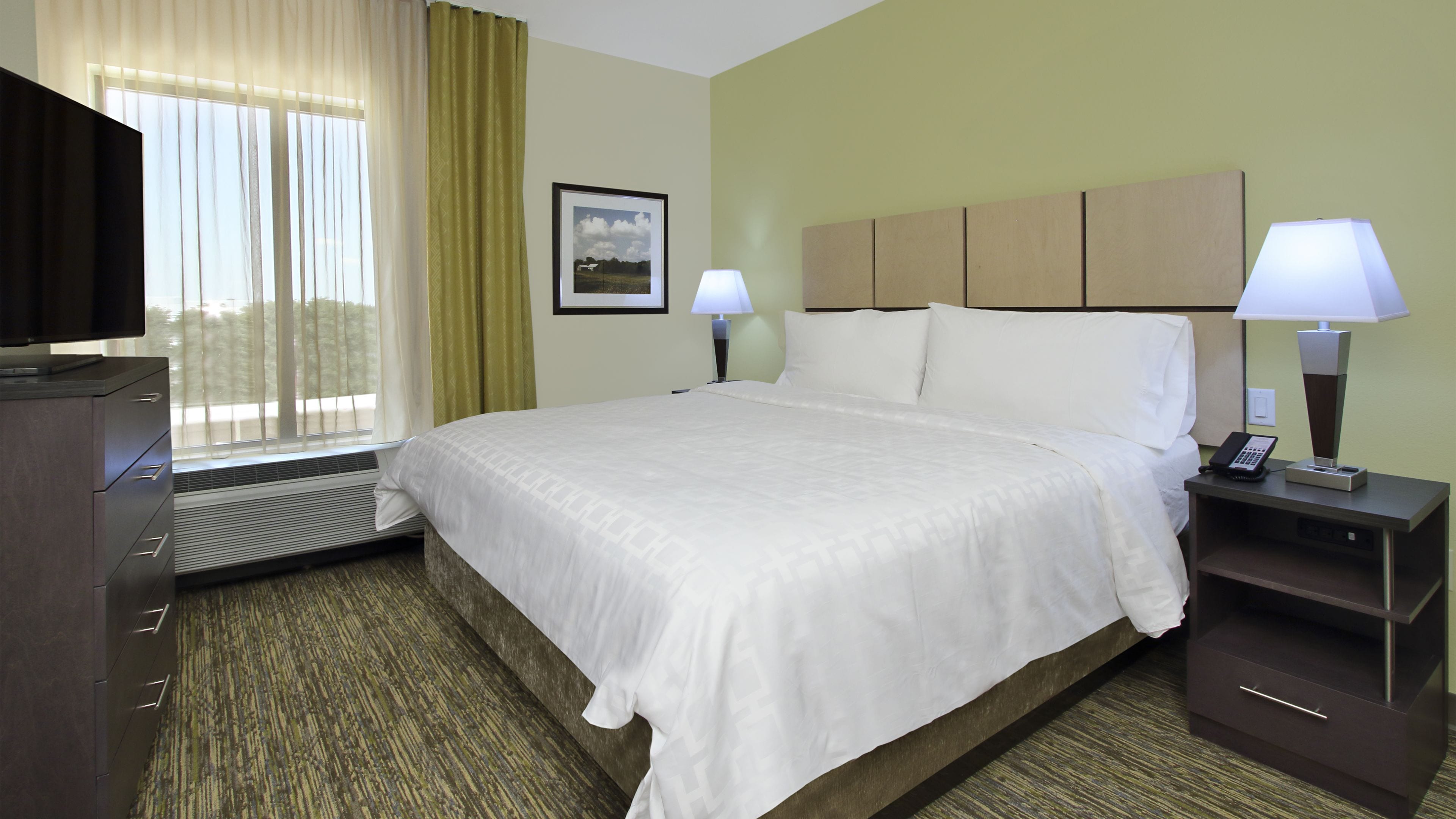 1 bedroom, desk, laptop workspace, blackout curtains