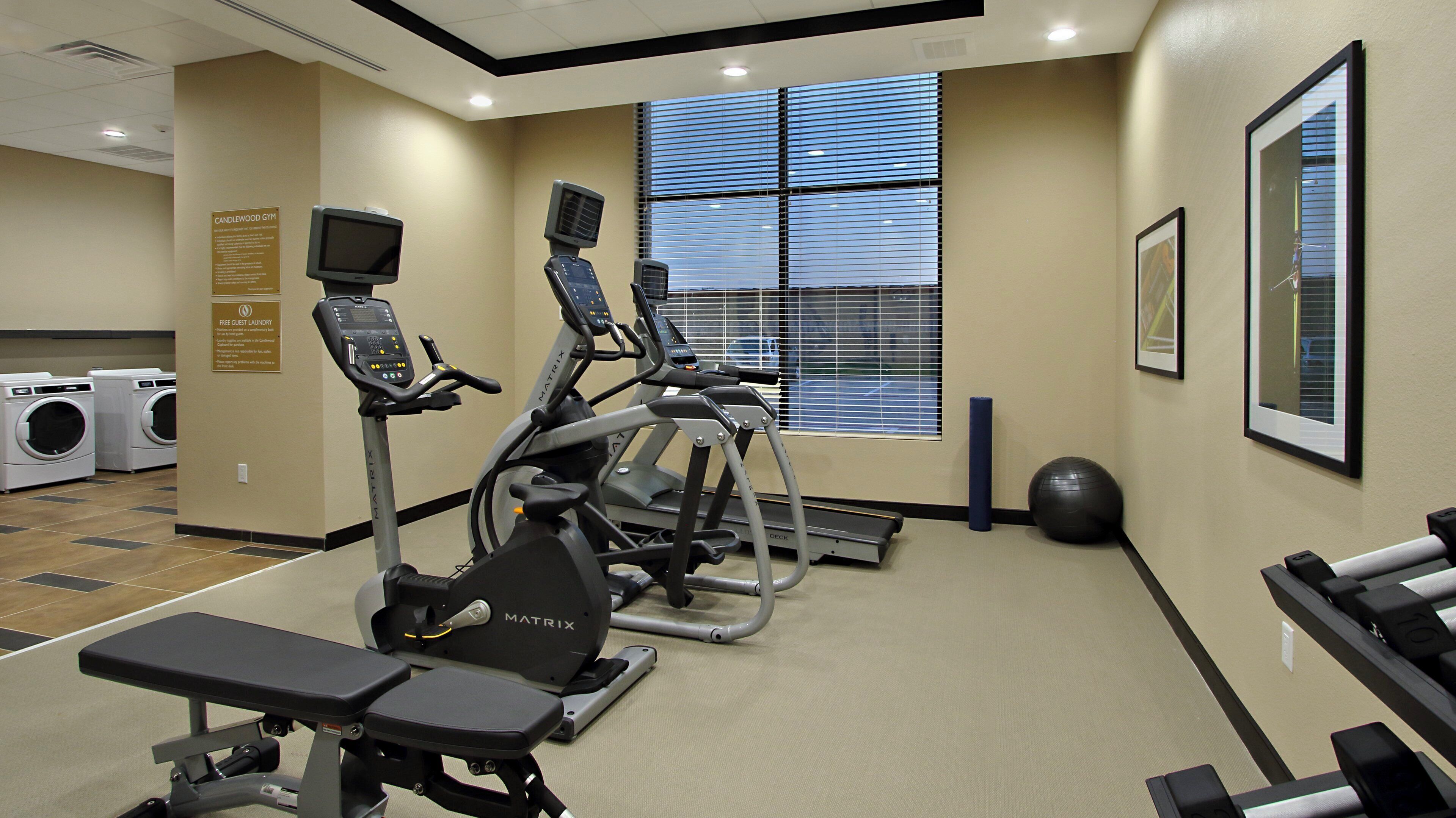 Une salle de sport équipée de tapis de course, de vélos elliptiques, d’un banc et d’un téléviseur fixé au mur.