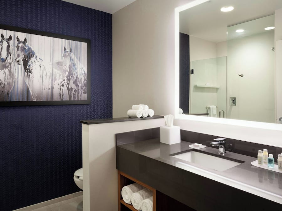 A modern bathroom with a large mirror, dark blue textured walls, a black countertop, and a framed artwork of horses.