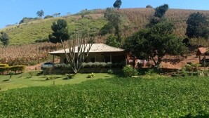 A rural house with a tiled roof, surrounded by lush greenery and a hilly landscape. - Sítio D. Tereza (Paraty)
