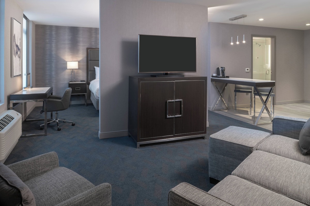 A modern hotel room with a flat-screen TV, a desk with a chair, a sofa, a cabinet, and a shower area.