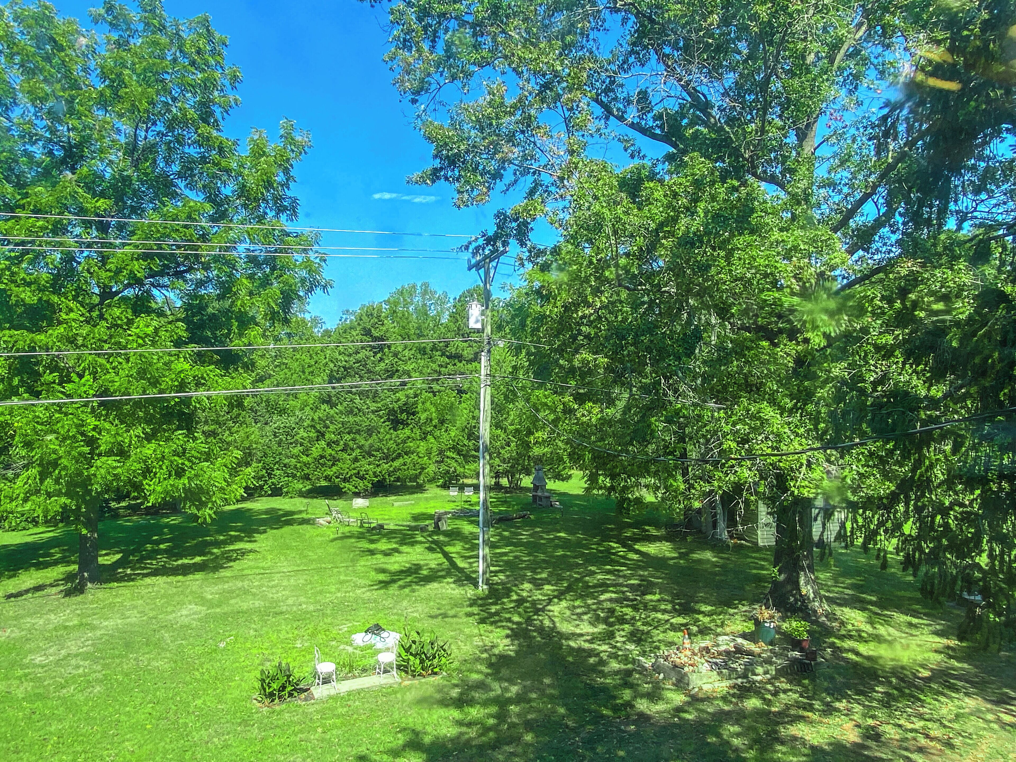 A well-maintained lawn with a picnic table and chairs, surrounded by trees and power lines.