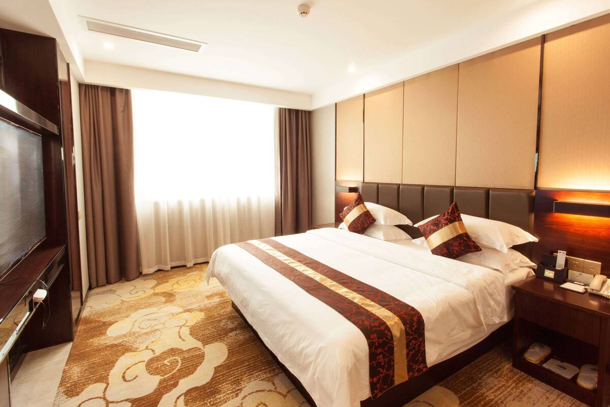 Een hotelkamer met een groot bed, een flatscreen televisie, een nachtkastje met een lamp, en uitzicht op de stad.
