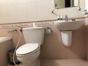 Une salle de bain avec des toilettes, un lavabo et un miroir.