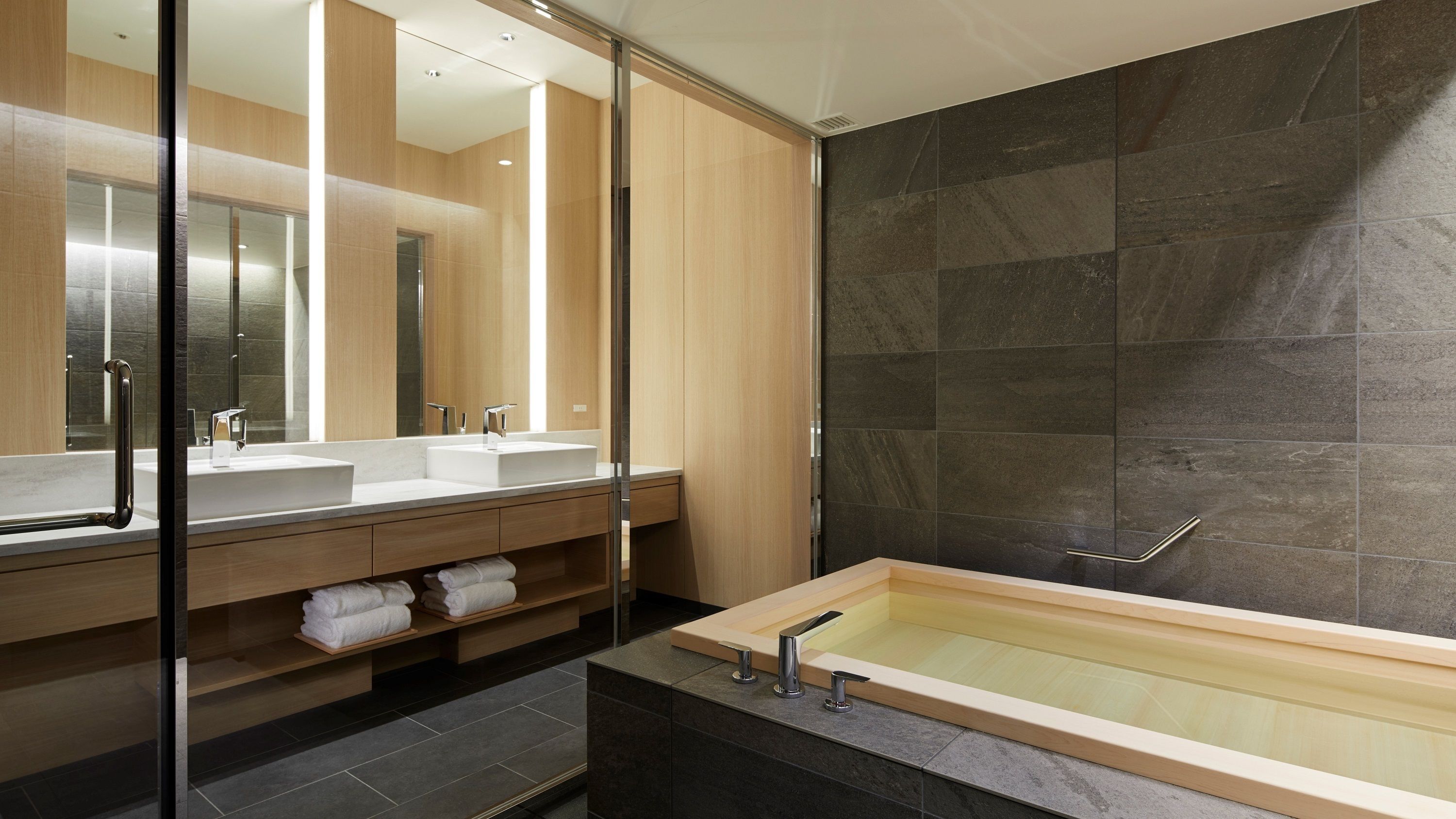 separate bathtub and shower, deep-soaking bathtub, hair dryer, slippers