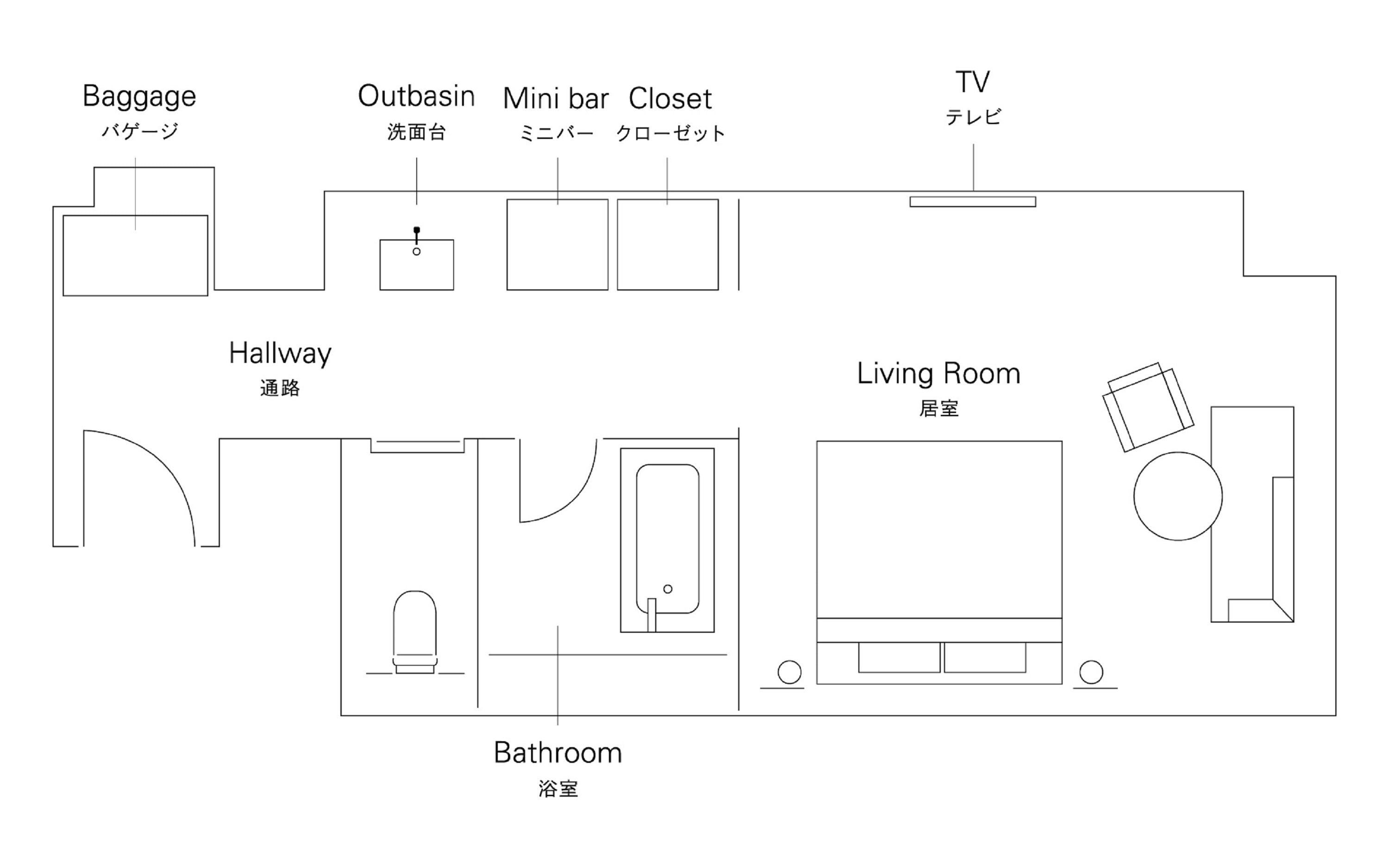 Un plan d’étage d’un hôtel indiquant les différentes pièces, notamment un salon, une salle de bain et un couloir.
