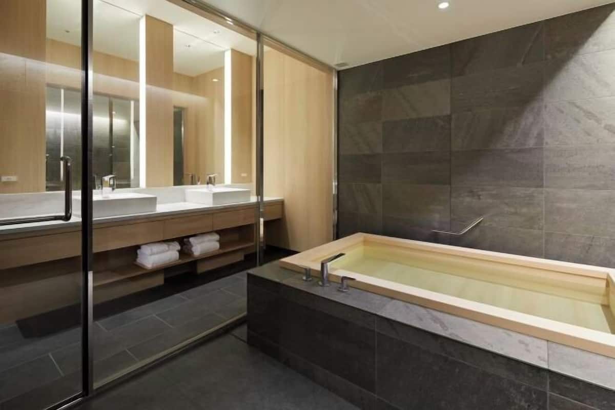 Separate tub and shower, deep soaking tub, hair dryer, slippers