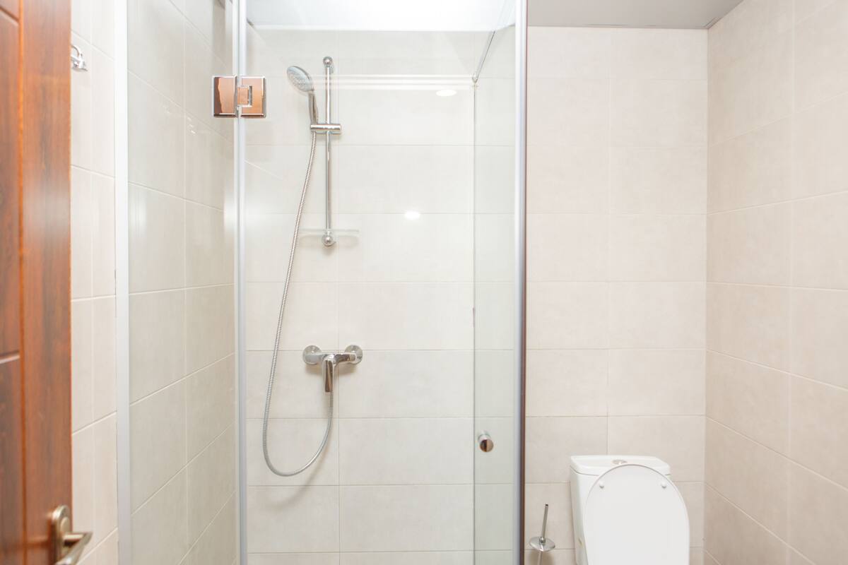 A bathroom with a glass-enclosed shower, a toilet, and a wooden door.