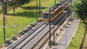 Un train circule sur une voie ferrée, sous des lignes électriques aériennes, et est entouré de verdure et d’arbres.
