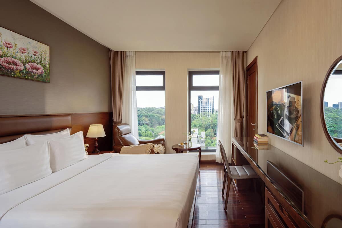 Hotelkamer met een groot bed, een bureau, een stoel, een televisie en uitzicht op de stad.