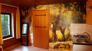 Jääkaappi, mikroaaltouuni, liesi, kahvin-/teenkeitin