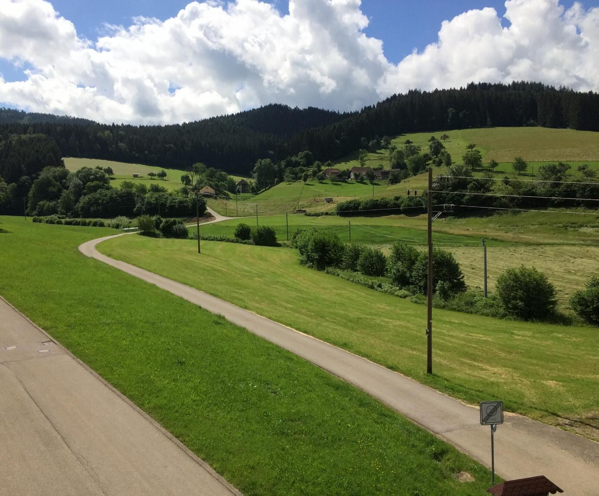 A rural road curving through a green landscape with houses in the distance and a forested hill in the background.