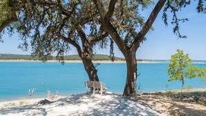 A bench under a tree by a clear blue lake with a distant shoreline. - A Shore Thing Cl1105c 1 Bedroom Cottage by RedAwning (Canyon Lake)