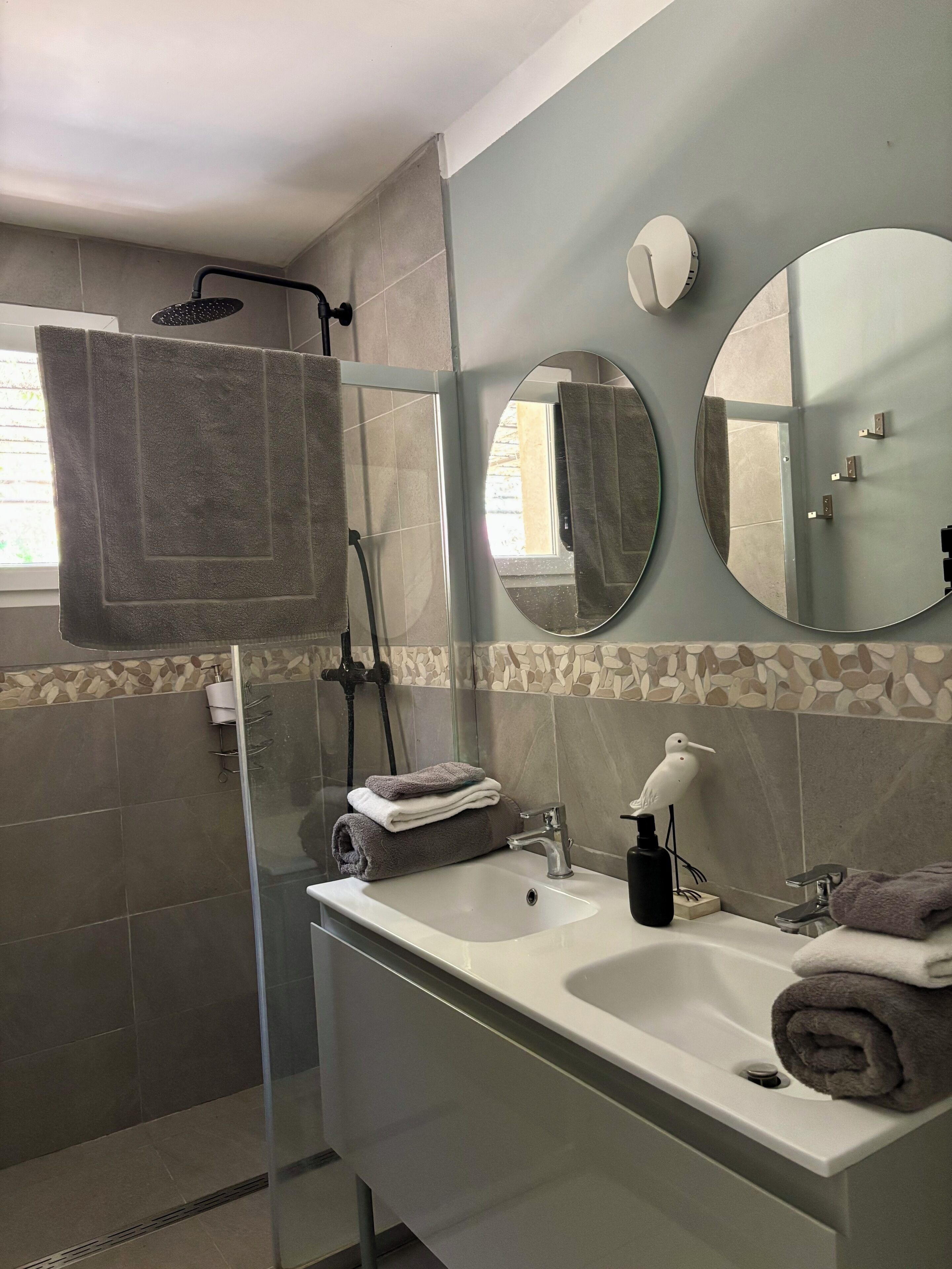 Une salle de bain avec une douche à parois de verre, un lavabo avec un miroir et un porte-serviettes.