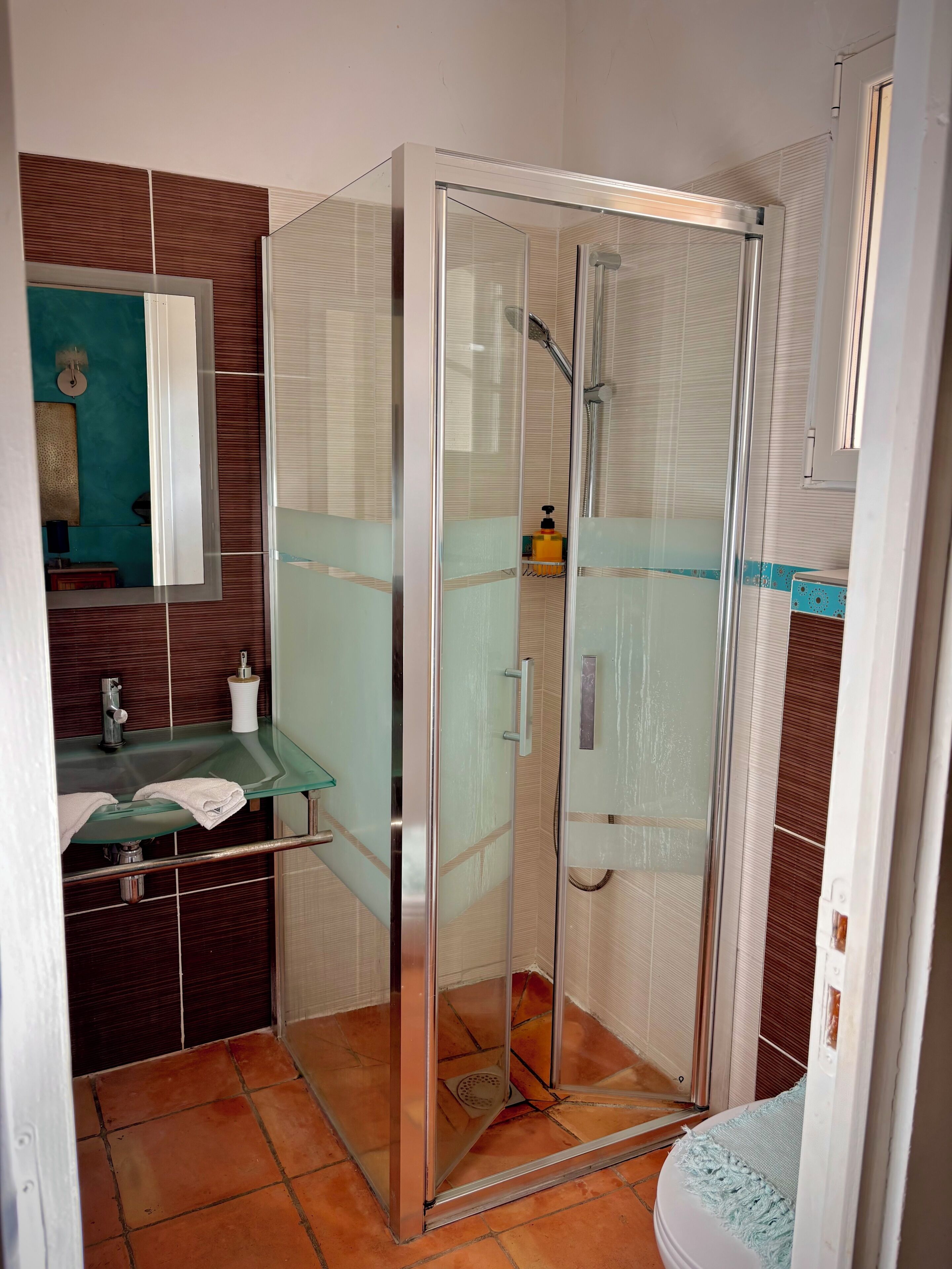 Een badkamer met een douche met glazen wanden, een wastafel met een glazen blad en een spiegel boven de wastafel.