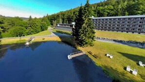 A hotel with a large building adjacent to a lake, surrounded by greenery. - Sunday Schwarzbachtal Hideaway Resort (Markneukirchen)