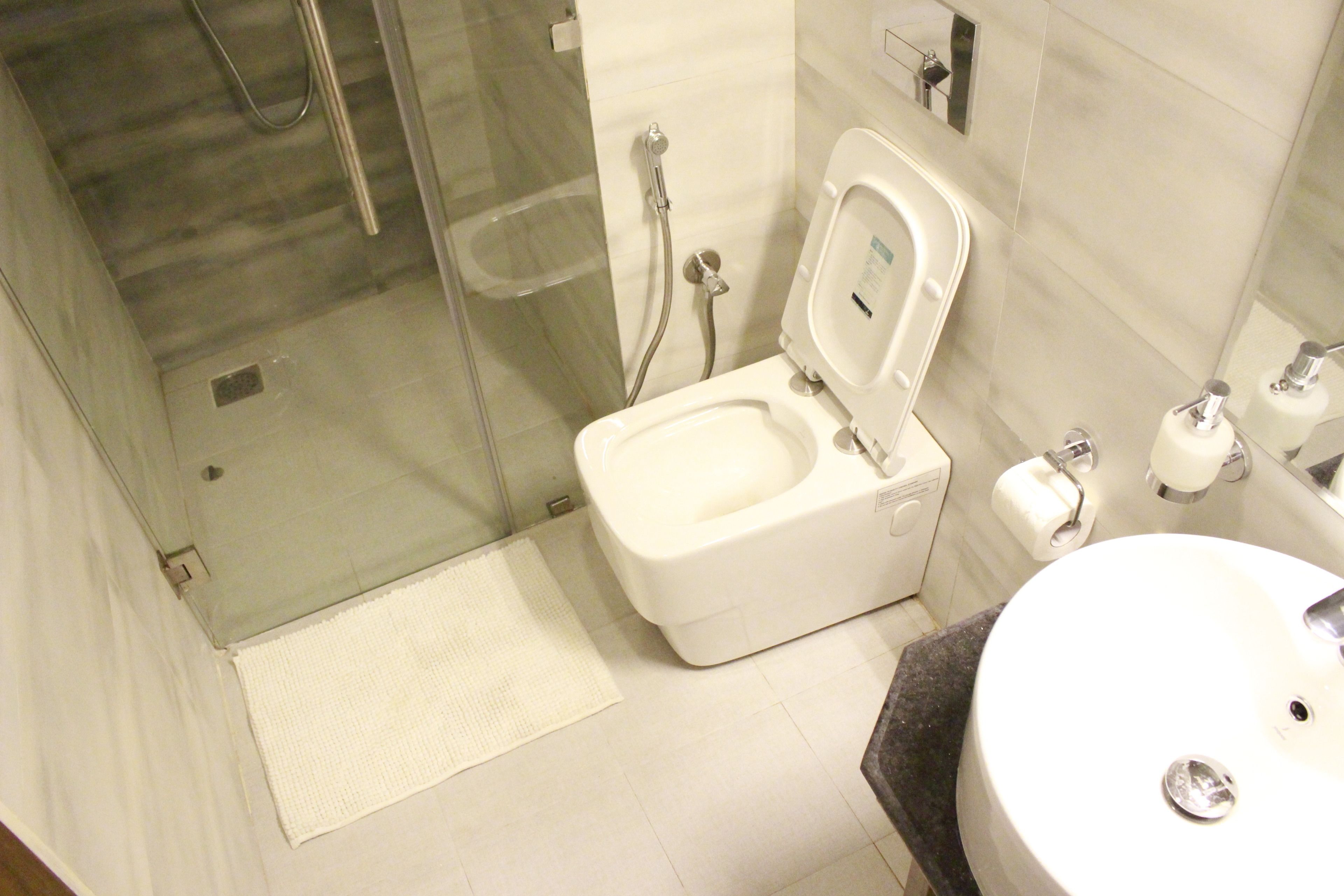 shower, designer toiletries, hair dryer, slippers