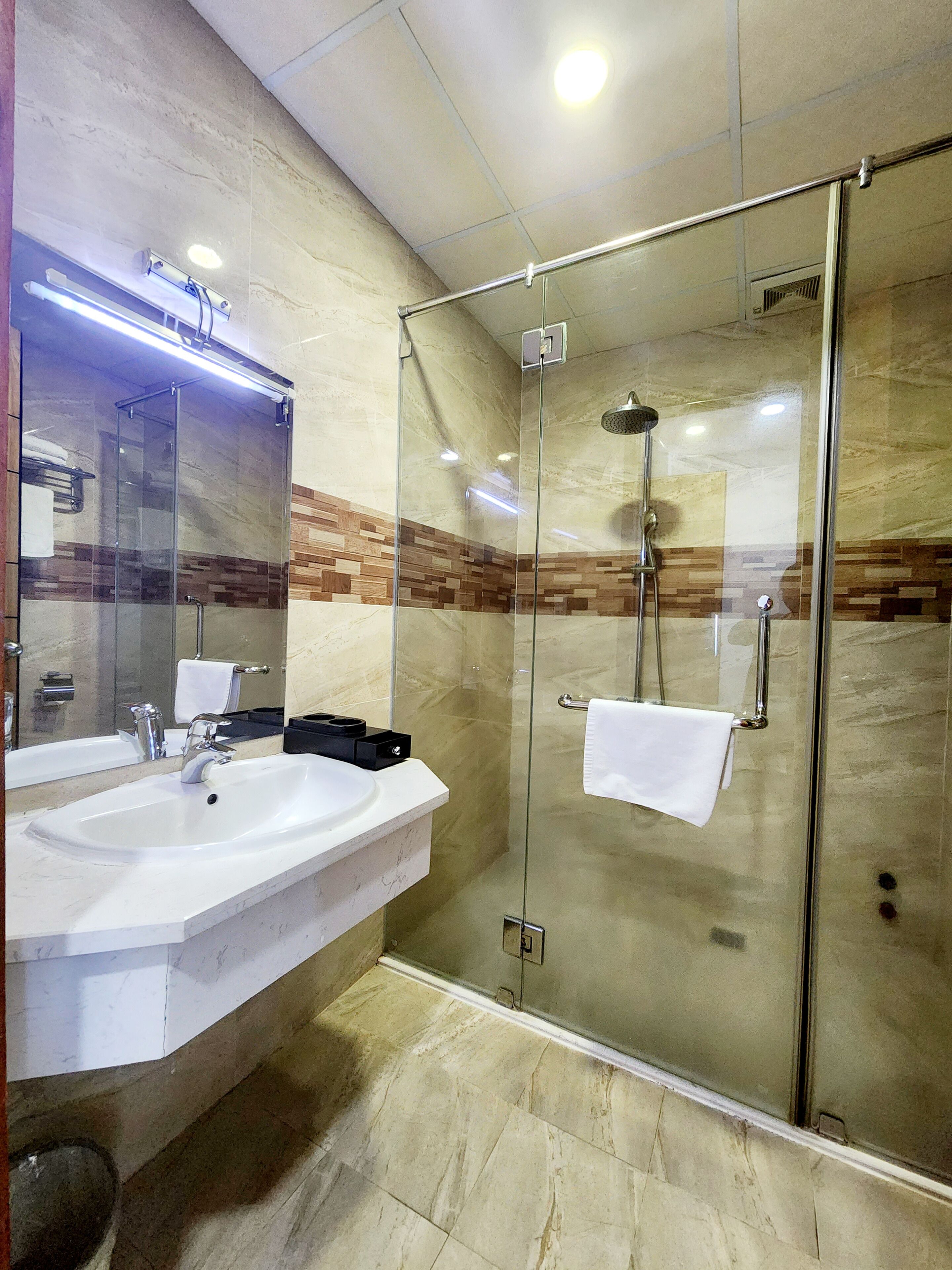 A modern bathroom with a glass-enclosed shower, a large sink, and a mirror.