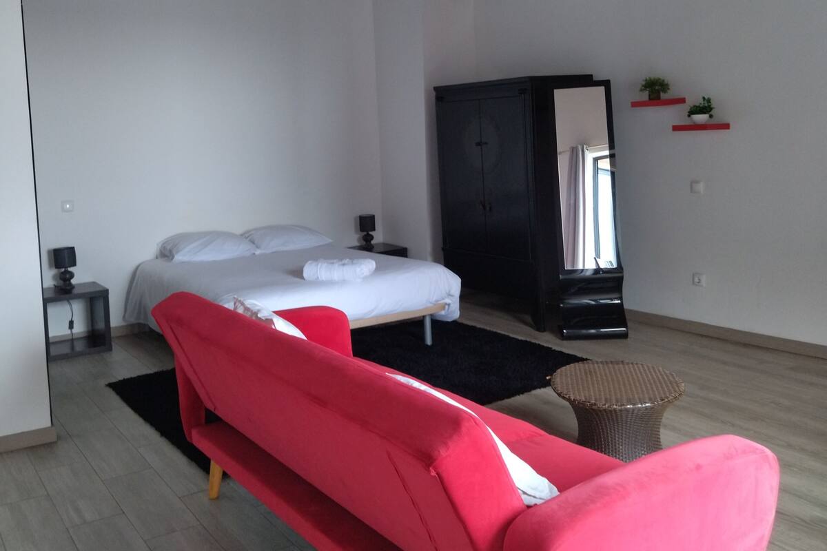 Une chambre moderne avec un lit, un canapé rouge, une armoire et une petite table.