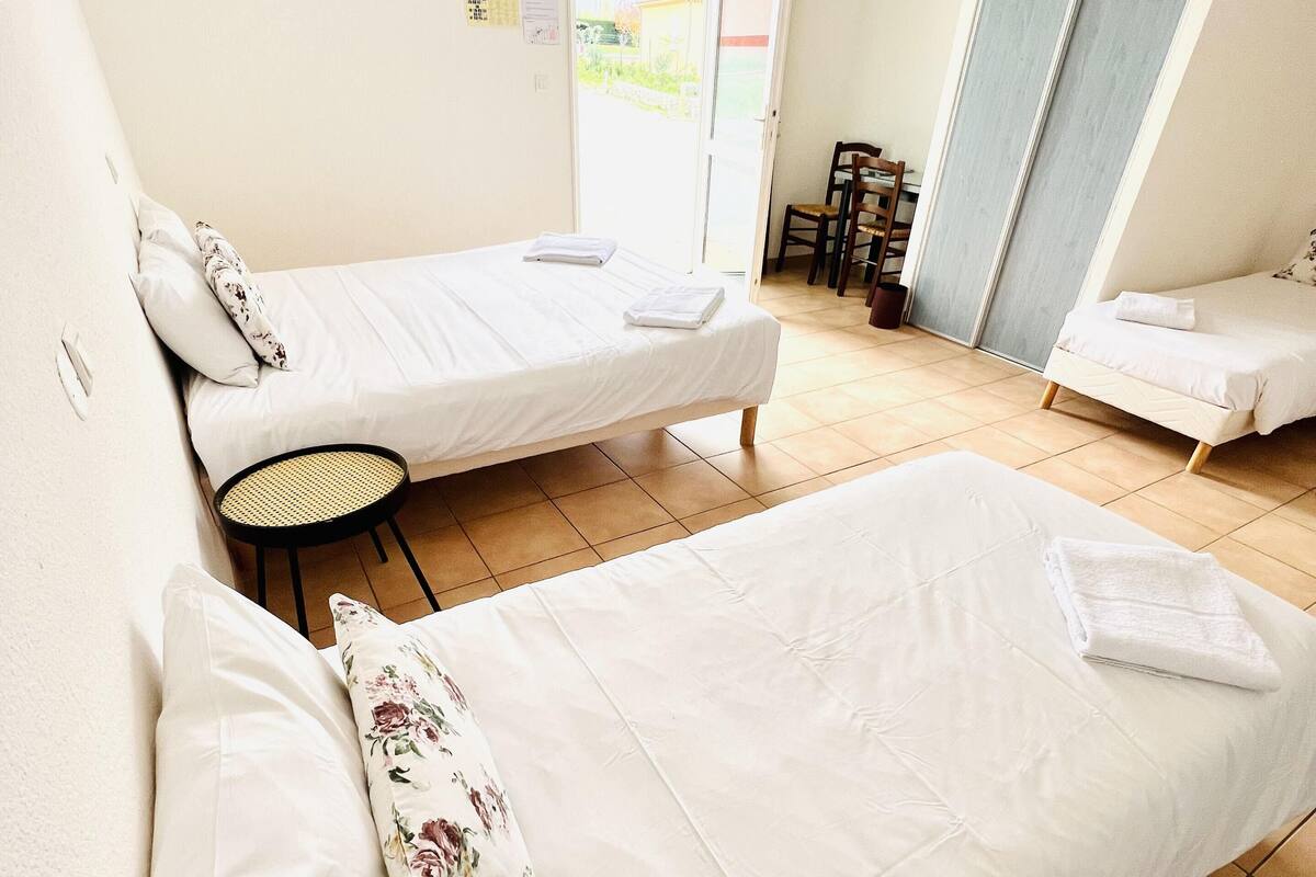 A room with two single beds, a small table, and a chair.