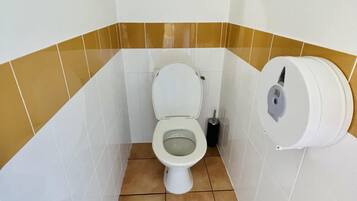 Un bagno piccolo con un water, un asciugamani ad aria e un meccanismo a parete per lo sciacquone.