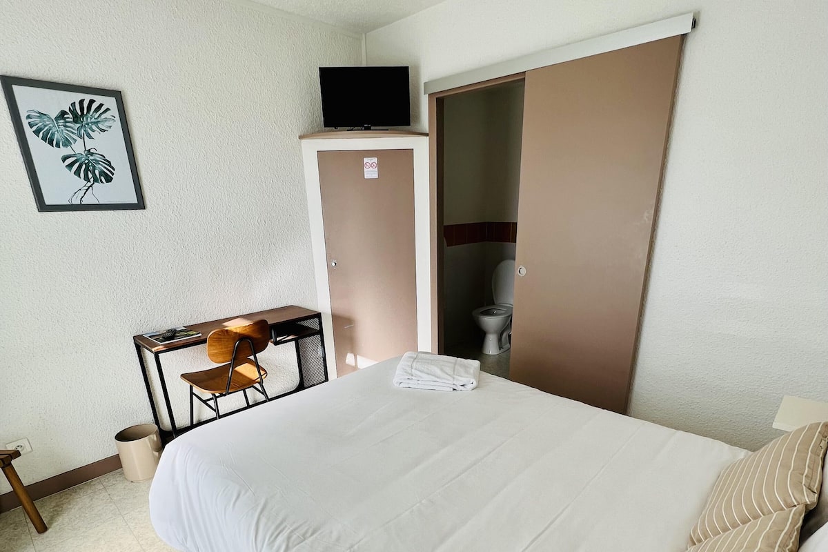 A hotel room with a bed, a desk, a chair, a television, and a toilet.