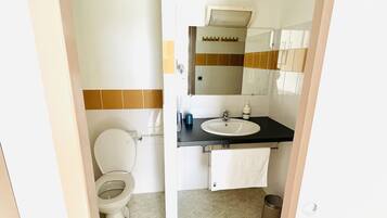 A bathroom with a toilet, sink, mirror, and towel rack.