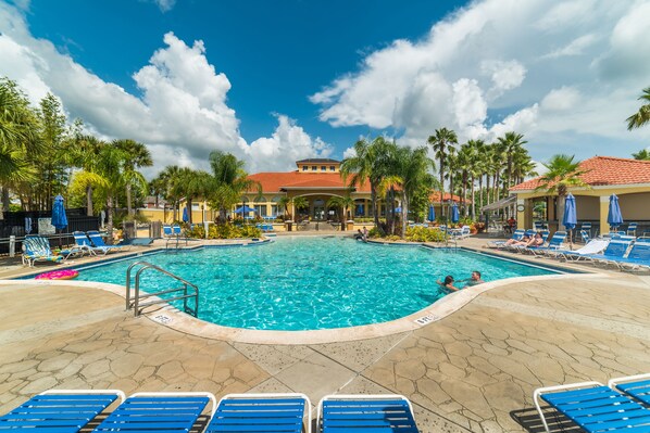 Outdoor pool, pool umbrellas, sun loungers