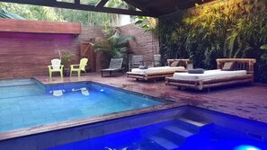 Indoor pool, open 3:00 PM to 8:00 PM, pool loungers