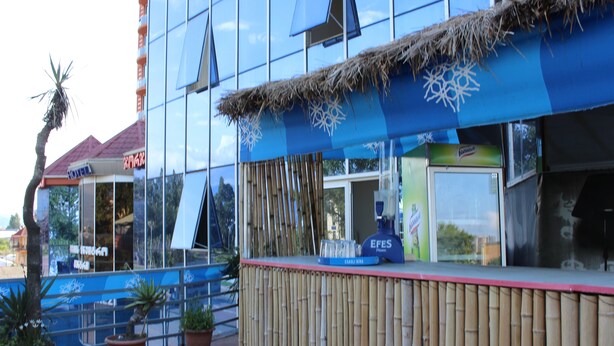 A modern building with a blue facade, a bamboo barrier, and potted plants.