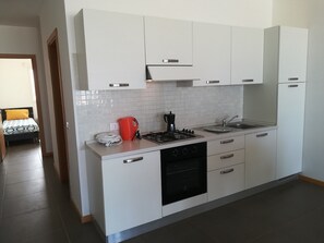 Apartamento, 2 quartos | Cozinha privada | Geladeira grande, fogão, cooktop, chaleira elétrica