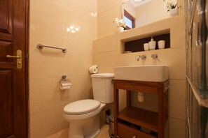 A bathroom with a toilet, sink, and shelf with toiletries. - Bali Relax and Comfort (Karangasem)
