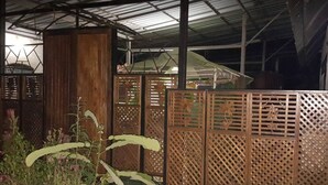 A covered outdoor area with a wooden fence, a metal roof, and some greenery. - Baan Aunjai Homestay (Mae Lao)