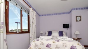 A bedroom with a large bed, two bedside tables, a TV, and a window with curtains. - Erris Villa (Builth Wells)