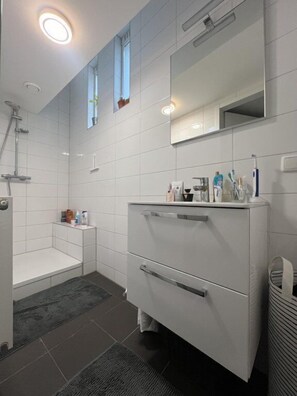 Apartamento luxo, 1 quarto | Banheiro | Chuveiro, produtos de toalete grátis, toalhas de banho 