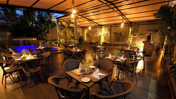 Un espace extérieur aménagé pour les repas, avec des tables et des chaises, entouré de plantes en pot et d’une piscine.