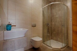 A modern bathroom with a glass-enclosed shower, a white sink, and a toilet. - Tatrzańskie Echo Domki Regionalne (Zakopane)