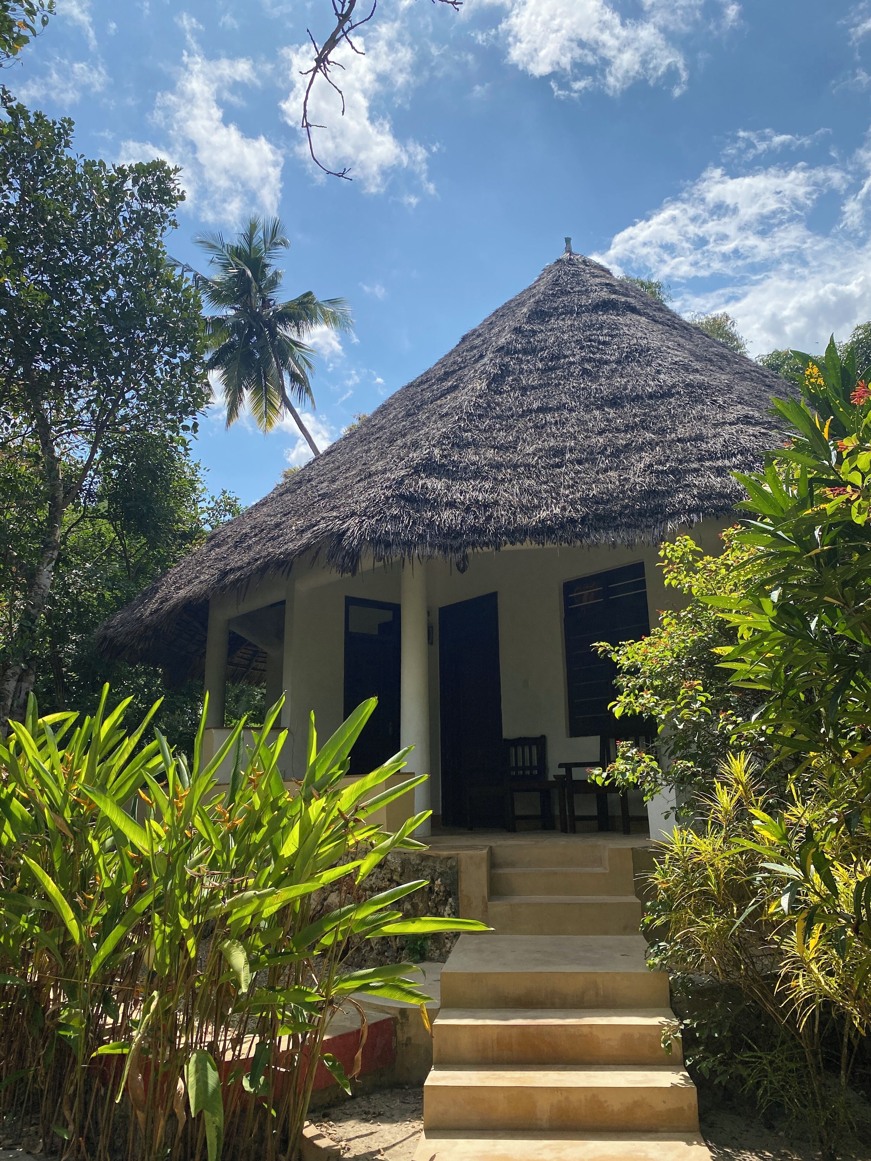 A thatched-roof structure with a staircase leading to a door, surrounded by tropical vegetation.
