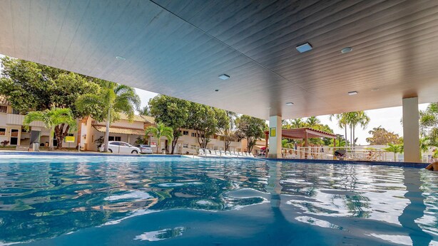 Una piscina amb una superfície d'aigua clara i blava, envoltada de palmeres i una zona coberta amb sostre de fusta.