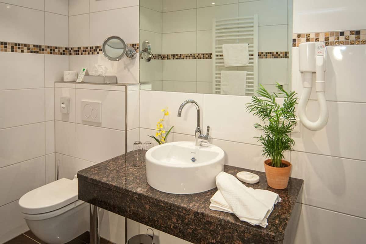 free toiletries, hair dryer, towels