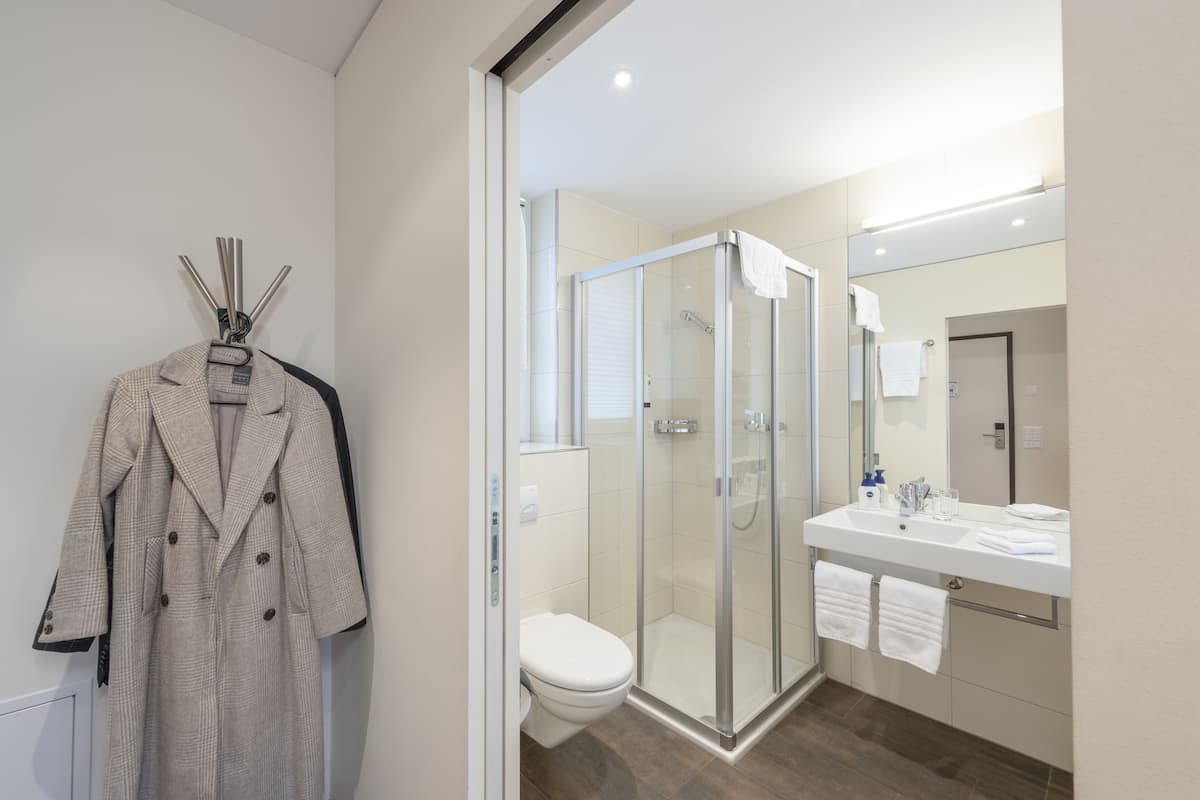 basic double room, 1 double bed, balcony, mountain view | bathroom | shower, hair dryer, towels