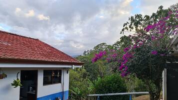 Una casa con techo de tejas rojas y fachada azul y blanca.