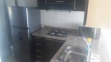 Fridge, microwave, stovetop, cookware/dishes/utensils