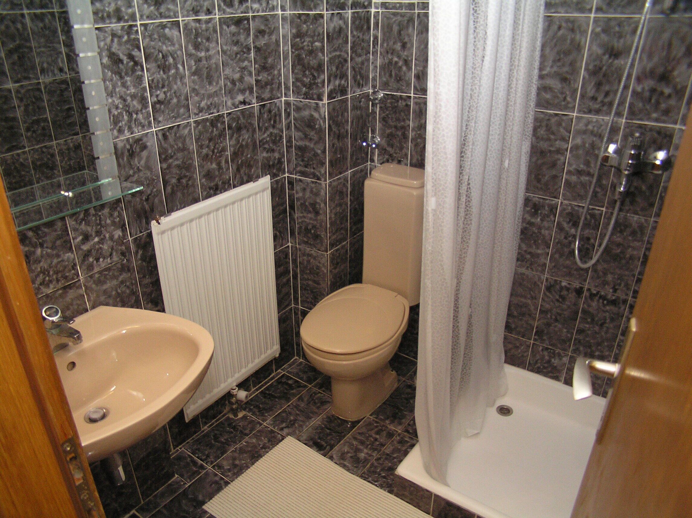 Een badkamer met een wastafel, toilet, douche en een glazen plank.
