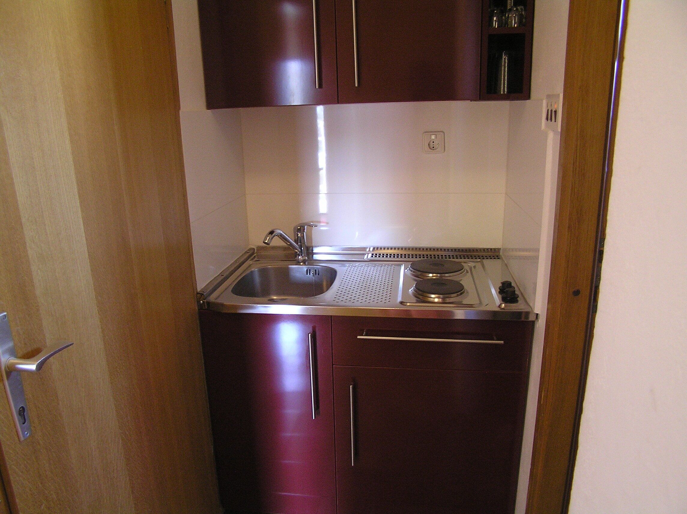 A compact kitchen with a sink, two burners, and a small cabinet above the counter.