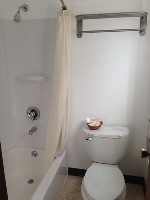 Combined shower/bathtub, free toiletries, hair dryer, towels