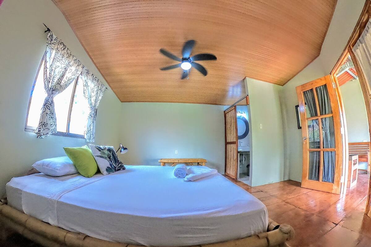 Una habitación con cama, ventilador de techo, ventana con cortinas y puerta que da a un baño.