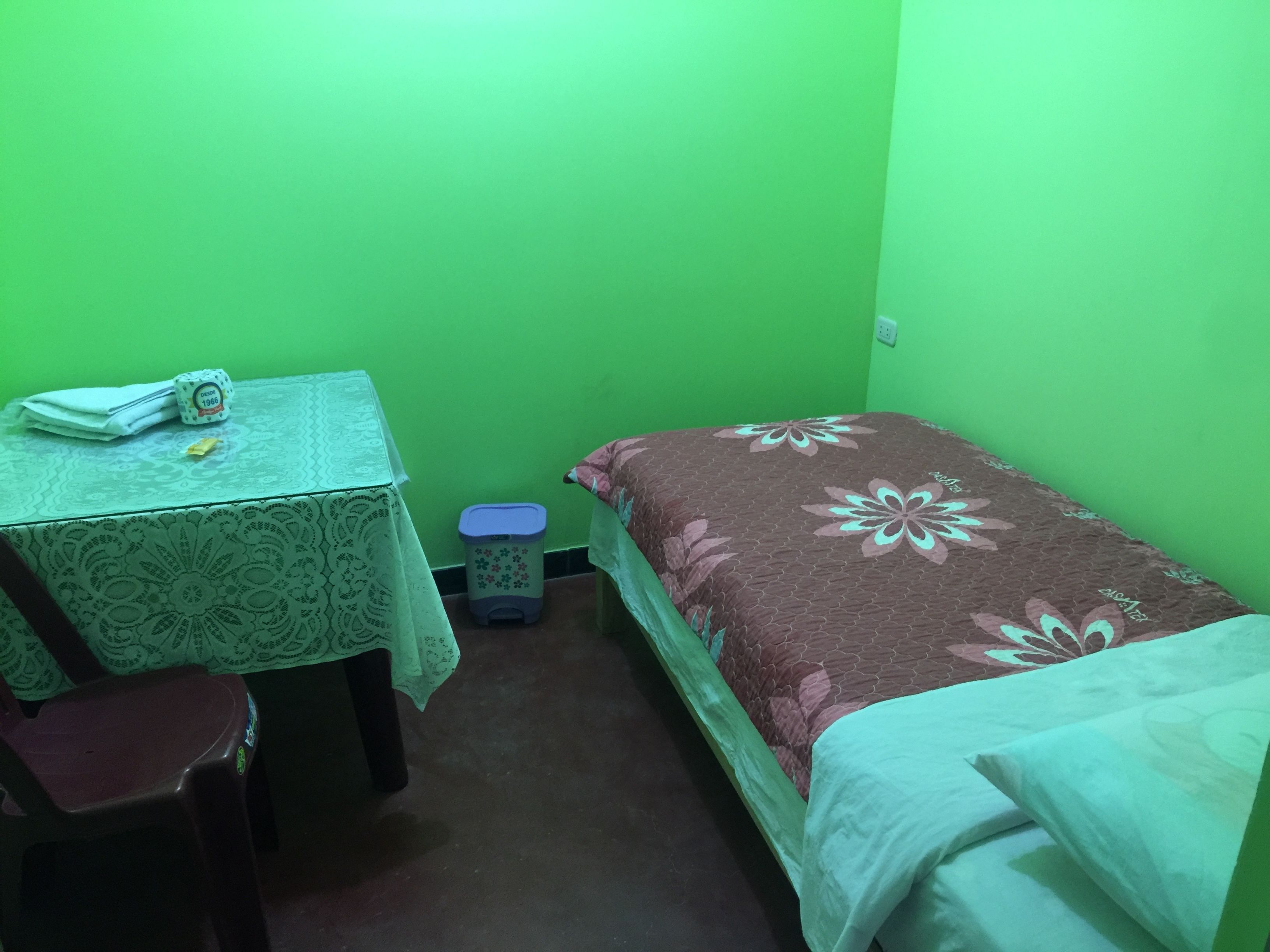 Une petite pièce avec un mur vert, un lit simple recouvert d’une courtepointe à motifs floraux, une petite table avec une nappe en dentelle, une chaise et une poubelle.